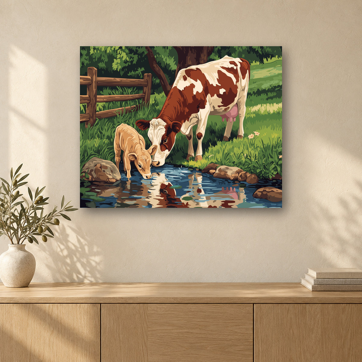 Tableau peinture par numéro La Vache et son Veau accroché dans un intérieur décoré, Maison Artsen