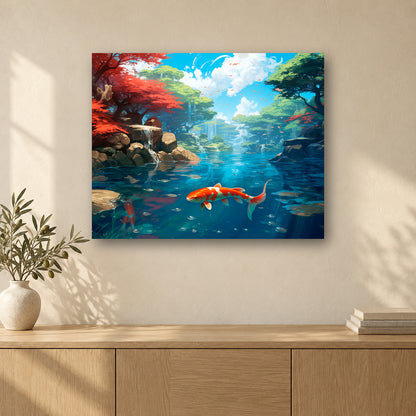 Tableau peinture par numéro Eaux Paisibles aux Koïs accroché dans un intérieur décoré, Maison Artsen