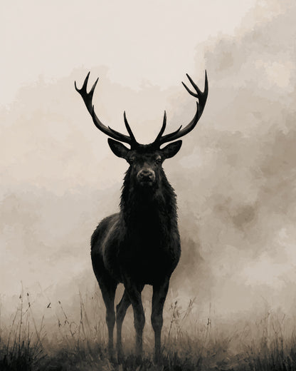 Peinture par numéro adulte Cerf dans la Brume, visuel complet du design sur toile, Maison Artsen