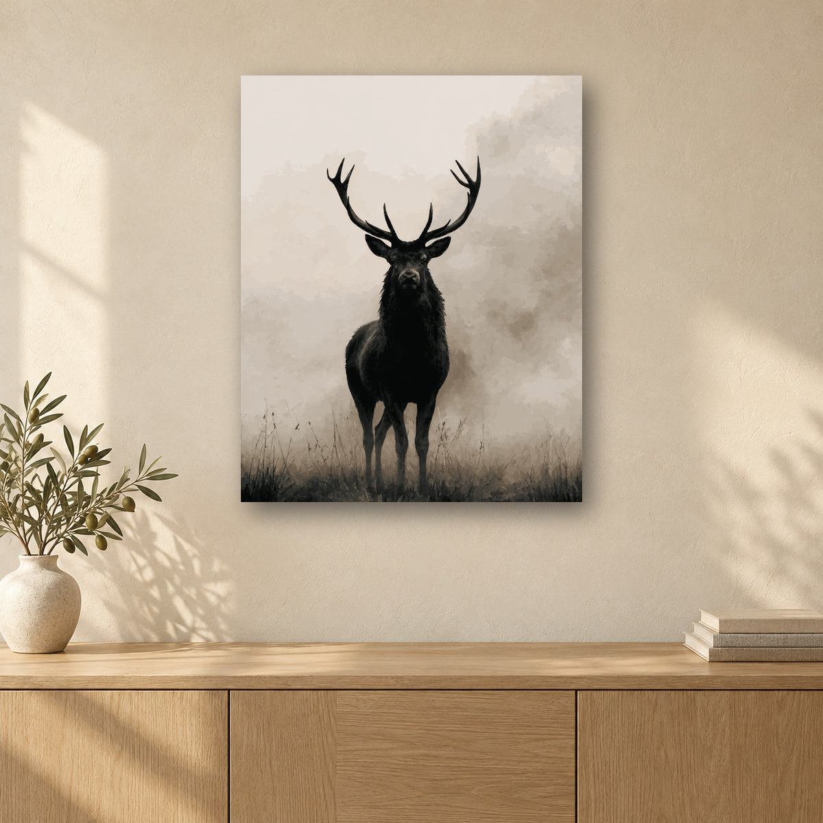 Tableau peinture par numéro Cerf dans la Brume accroché dans un intérieur décoré, Maison Artsen