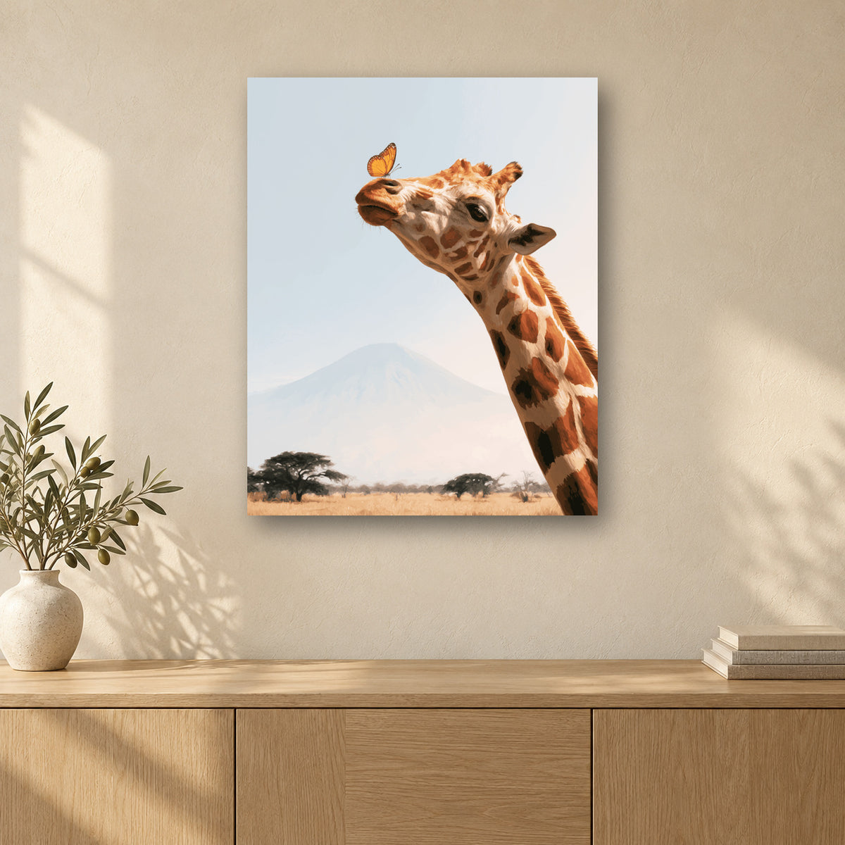 Tableau peinture par numéro Girafe du Kilimandjaro accroché dans un intérieur décoré, Maison Artsen
