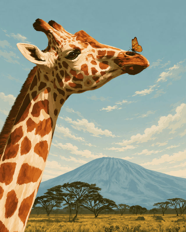 Peinture par numéro adulte La Girafe et le Papillon, visuel complet du design sur toile, Maison Artsen