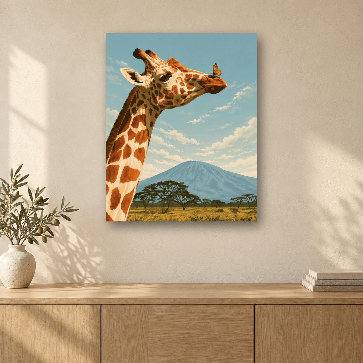 Tableau peinture par numéro La Girafe et le Papillon accroché dans un intérieur décoré, Maison Artsen