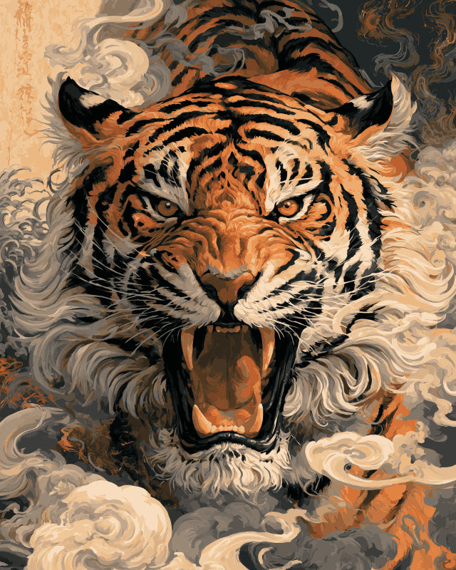 Peinture par numéro adulte Tigre dans la Fumée, visuel complet du design sur toile, Maison Artsen