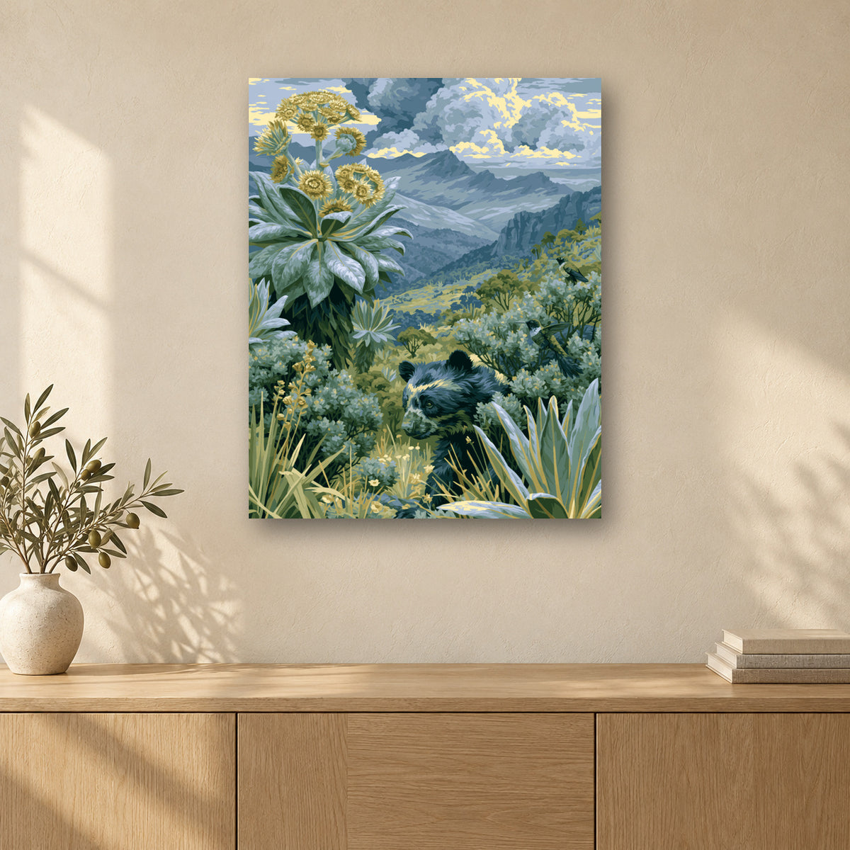 Tableau peinture par numéro Ours des Andes accroché dans un intérieur décoré, Maison Artsen