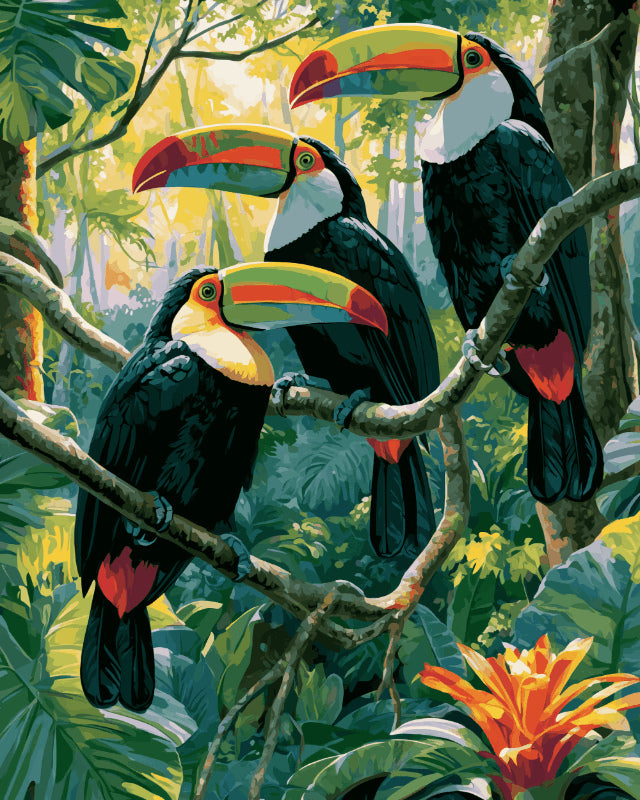 Peinture par numéro adulte Trio de la Forêt Tropicale, visuel complet du design sur toile, Maison Artsen