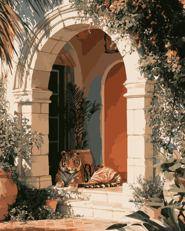 Peinture par numéro adulte Tigre sous l’Arche, visuel complet du design sur toile, Maison Artsen