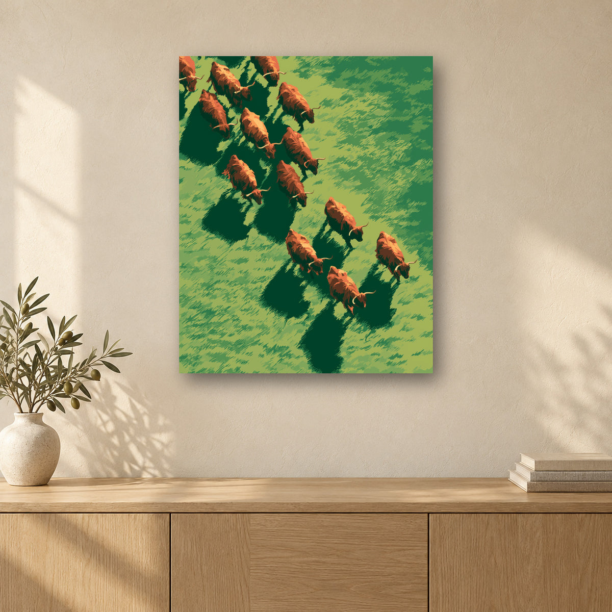 Tableau peinture par numéro Le Troupeau Doré accroché dans un intérieur décoré, Maison Artsen