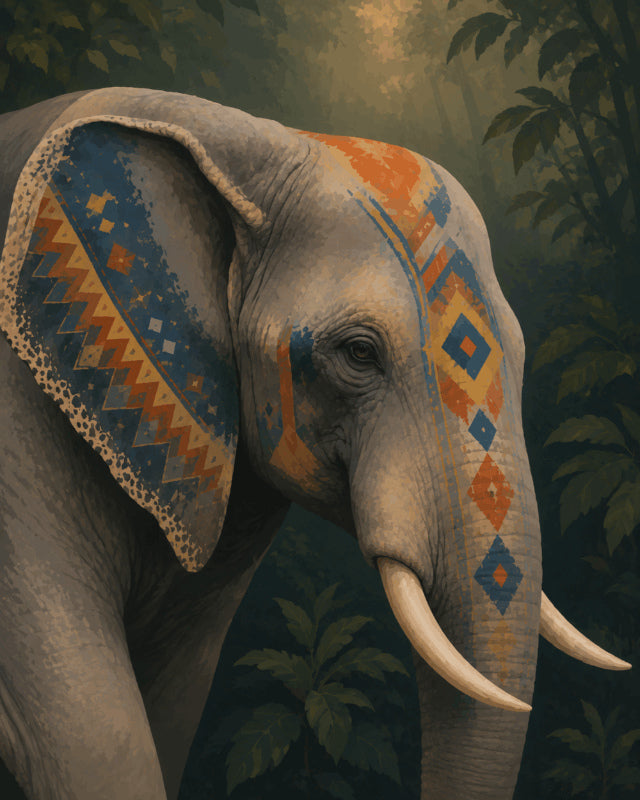 Peinture par numéro adulte Éléphant Tribal, visuel complet du design sur toile, Maison Artsen