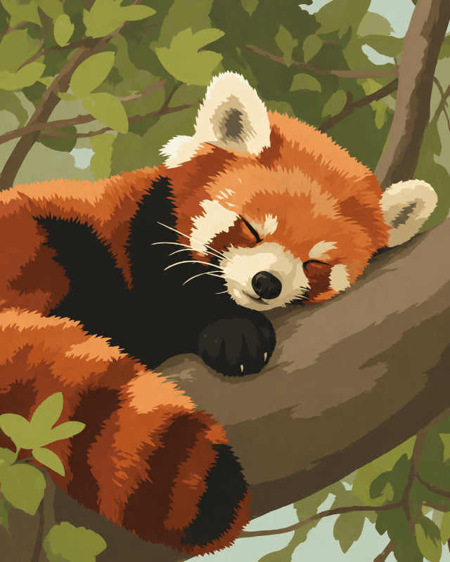 Peinture par numéro adulte Panda Roux Endormi, visuel complet du design sur toile, Maison Artsen