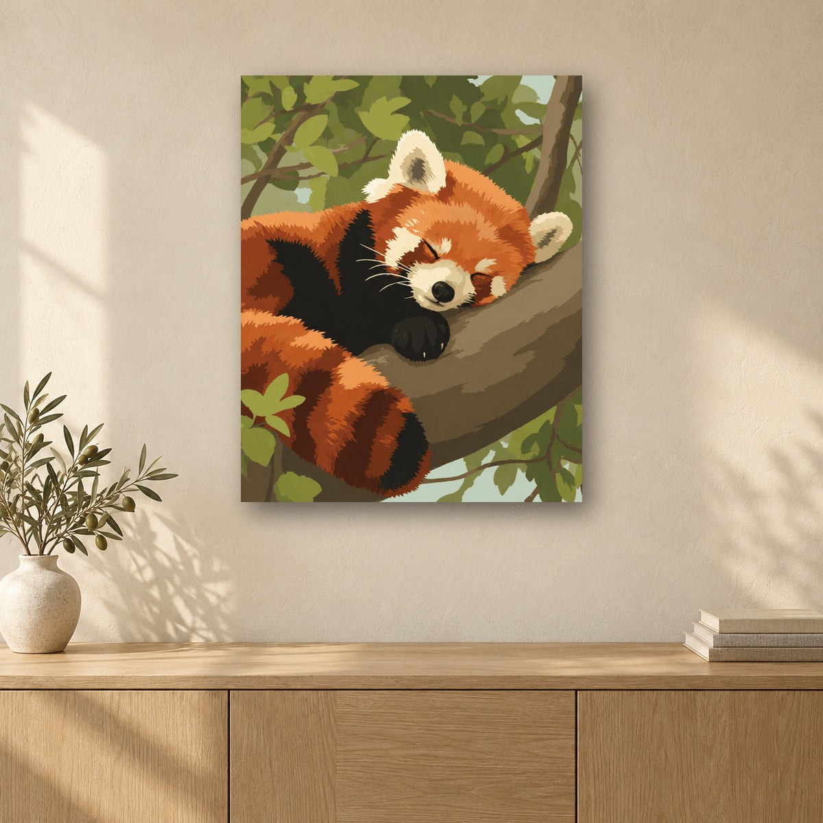 Tableau peinture par numéro Panda Roux Endormi accroché dans un intérieur décoré, Maison Artsen