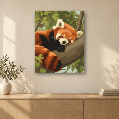 Tableau peinture par numéro Panda Roux Endormi accroché dans un intérieur décoré, Maison Artsen