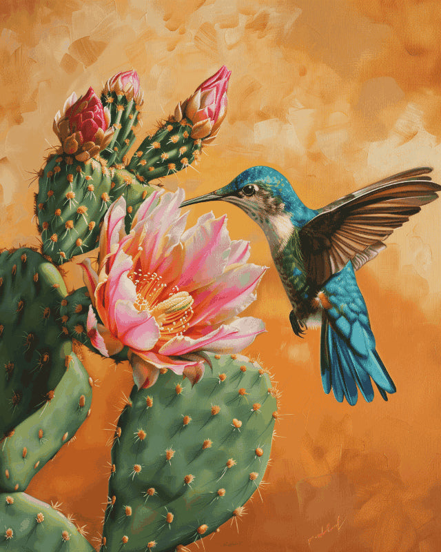 Peinture par numéro adulte Colibri et Fleur de Cactus, visuel complet du design sur toile, Maison Artsen