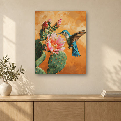 Tableau peinture par numéro Colibri et Fleur de Cactus accroché dans un intérieur décoré, Maison Artsen