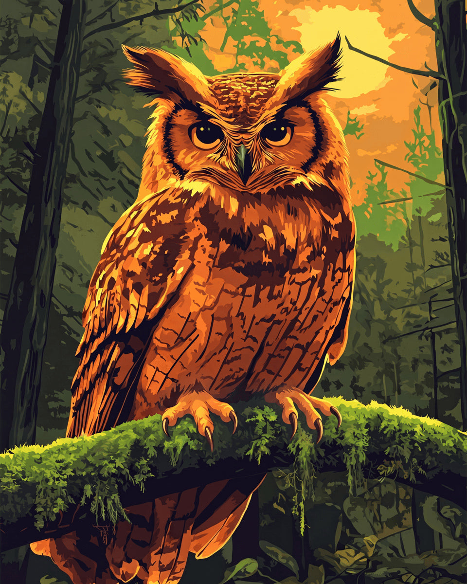 Peinture par numéro adulte Hibou de la Forêt, visuel complet du design sur toile, Maison Artsen