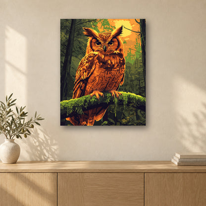 Tableau peinture par numéro Hibou de la Forêt accroché dans un intérieur décoré, Maison Artsen
