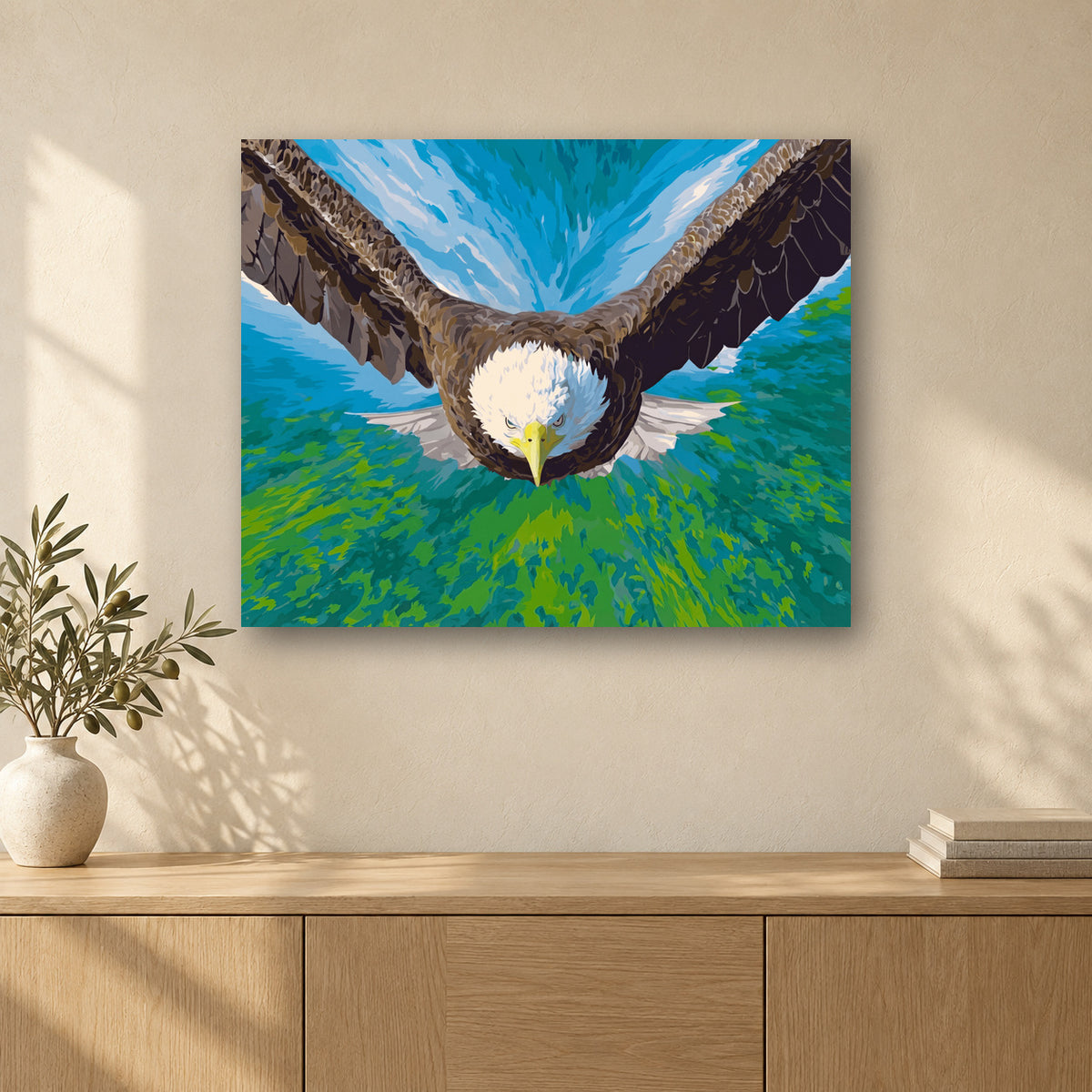 Tableau peinture par numéro L’Envol de l’Aigle accroché dans un intérieur décoré, Maison Artsen