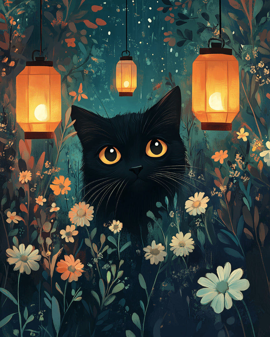 Peinture par numéro adulte Chat aux Lanternes, visuel complet du design sur toile, Maison Artsen
