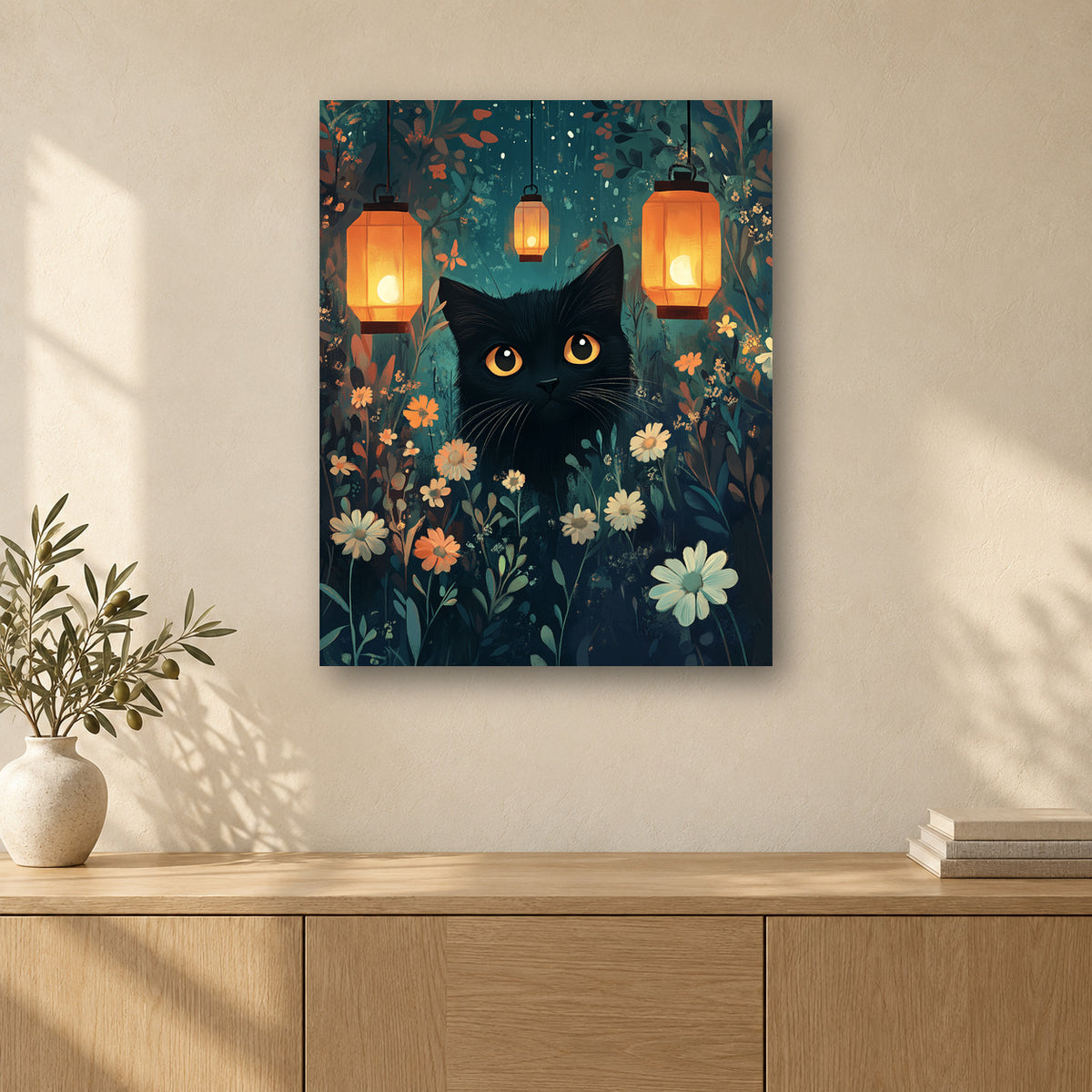 Tableau peinture par numéro Chat aux Lanternes accroché dans un intérieur décoré, Maison Artsen