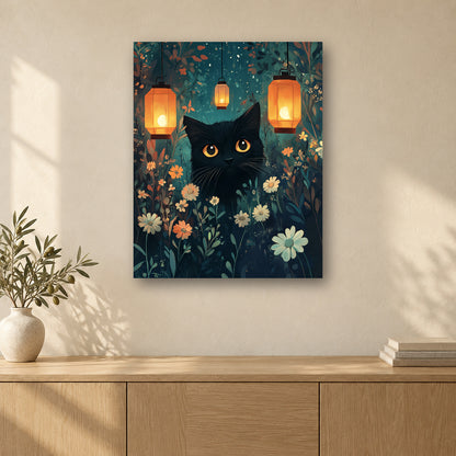 Tableau peinture par numéro Chat aux Lanternes accroché dans un intérieur décoré, Maison Artsen