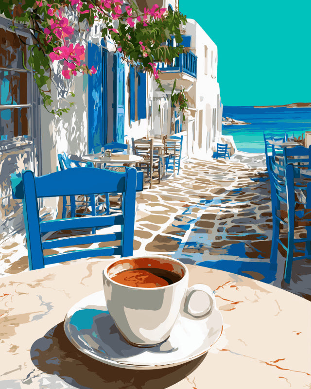 Peinture par numéro adulte Café Grec, visuel complet du design sur toile, Maison Artsen