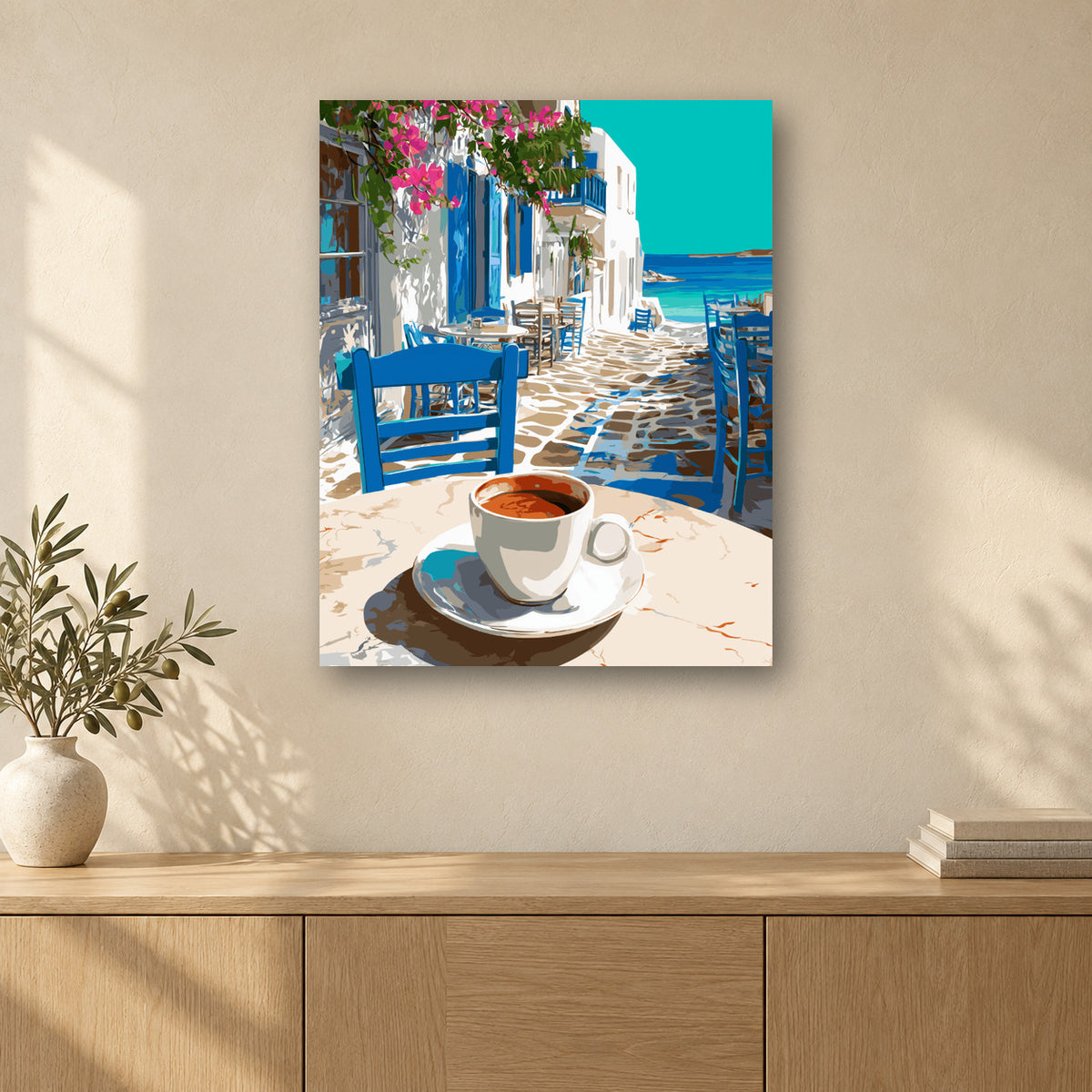 Tableau peinture par numéro Café Grec accroché dans un intérieur décoré, Maison Artsen