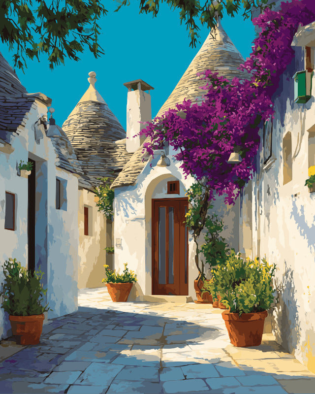 Peinture par numéro adulte Trulli d'Alberobello, visuel complet du design sur toile, Maison Artsen