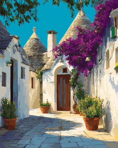 Peinture par numéro adulte Trulli d'Alberobello, visuel complet du design sur toile, Maison Artsen
