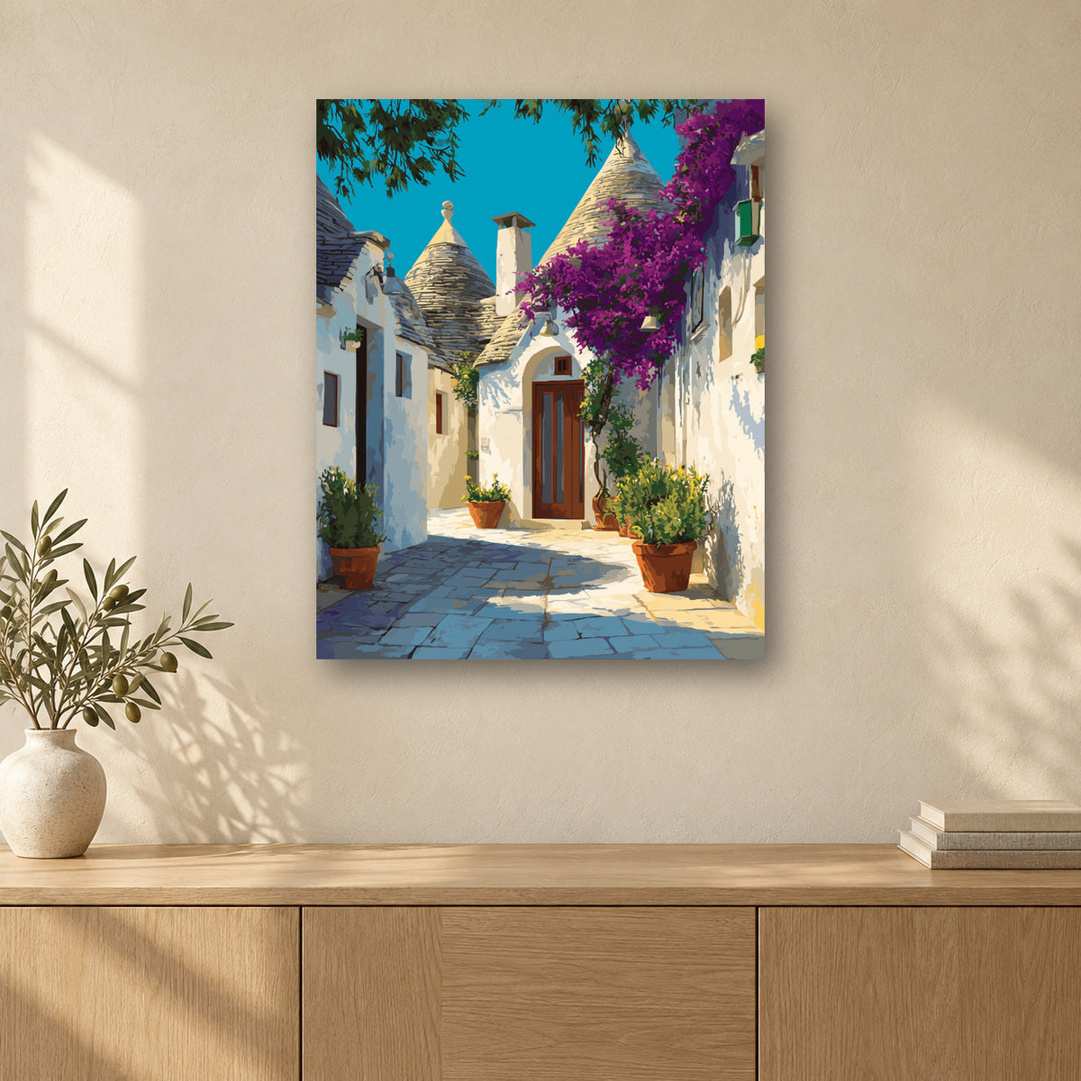 Tableau peinture par numéro Trulli d'Alberobello accroché dans un intérieur décoré, Maison Artsen