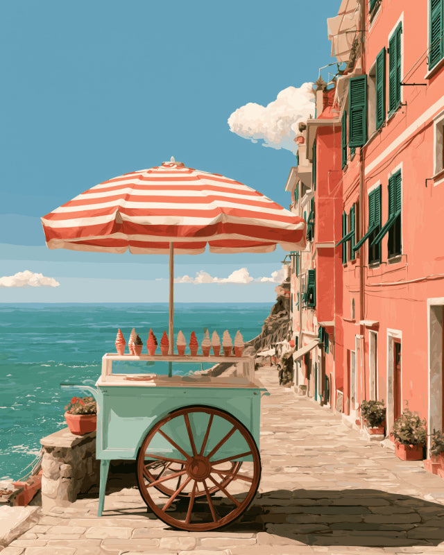 Peinture par numéro adulte Glaces en Bord de Mer, visuel complet du design sur toile, Maison Artsen