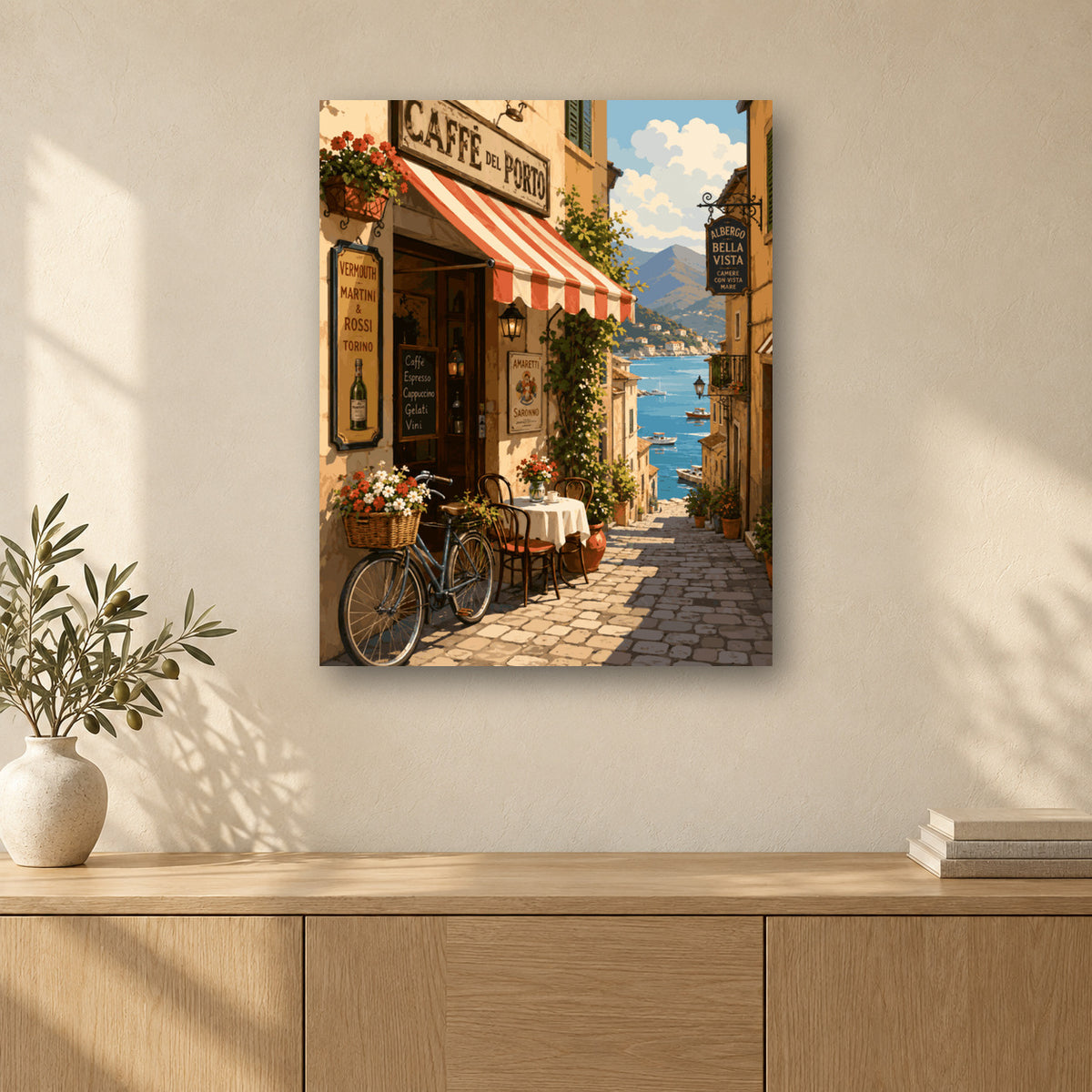 Tableau peinture par numéro Matin en Italie accroché dans un intérieur décoré, Maison Artsen
