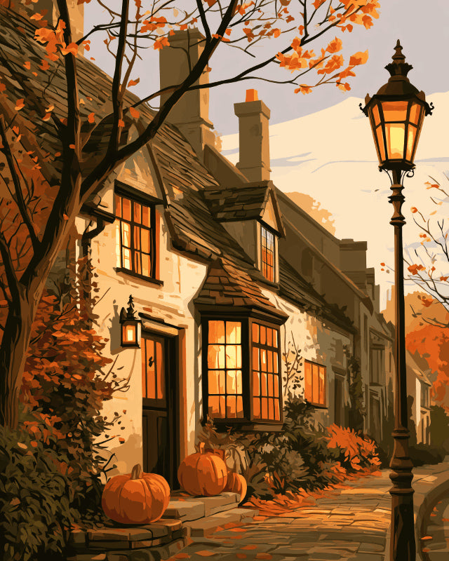 Peinture par numéro adulte Soir d’Automne, visuel complet du design sur toile, Maison Artsen