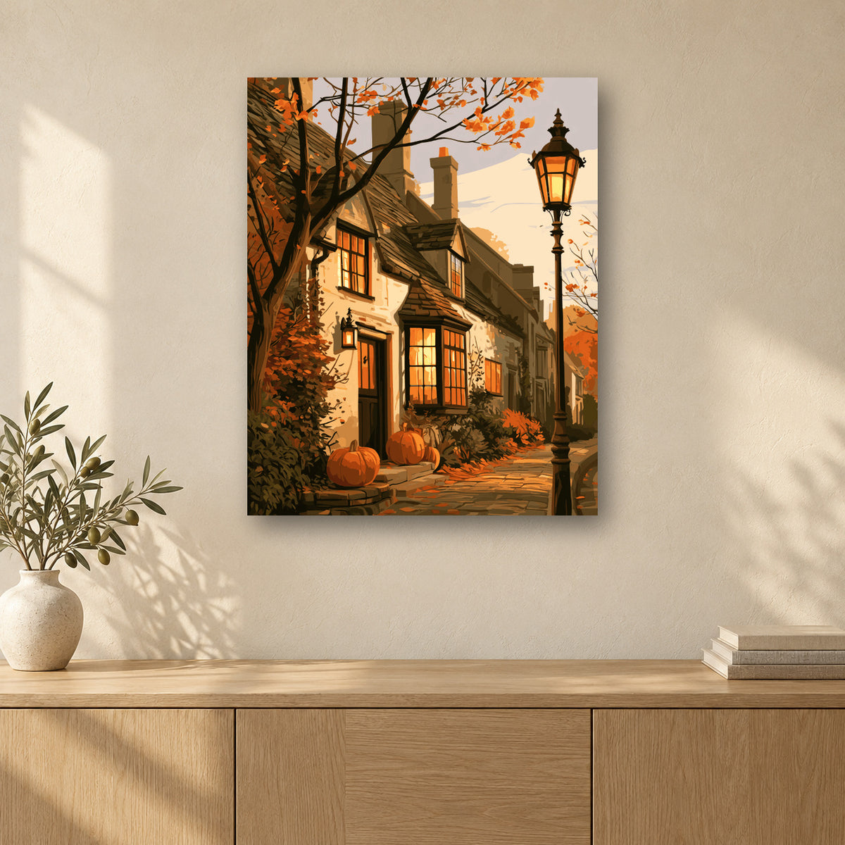 Tableau peinture par numéro Soir d’Automne accroché dans un intérieur décoré, Maison Artsen