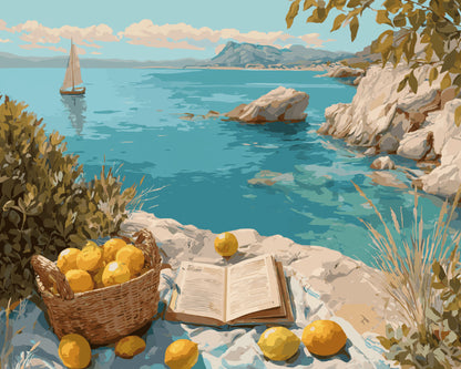 Peinture par numéro adulte Citrons Face à la Crique, visuel complet du design sur toile, Maison Artsen