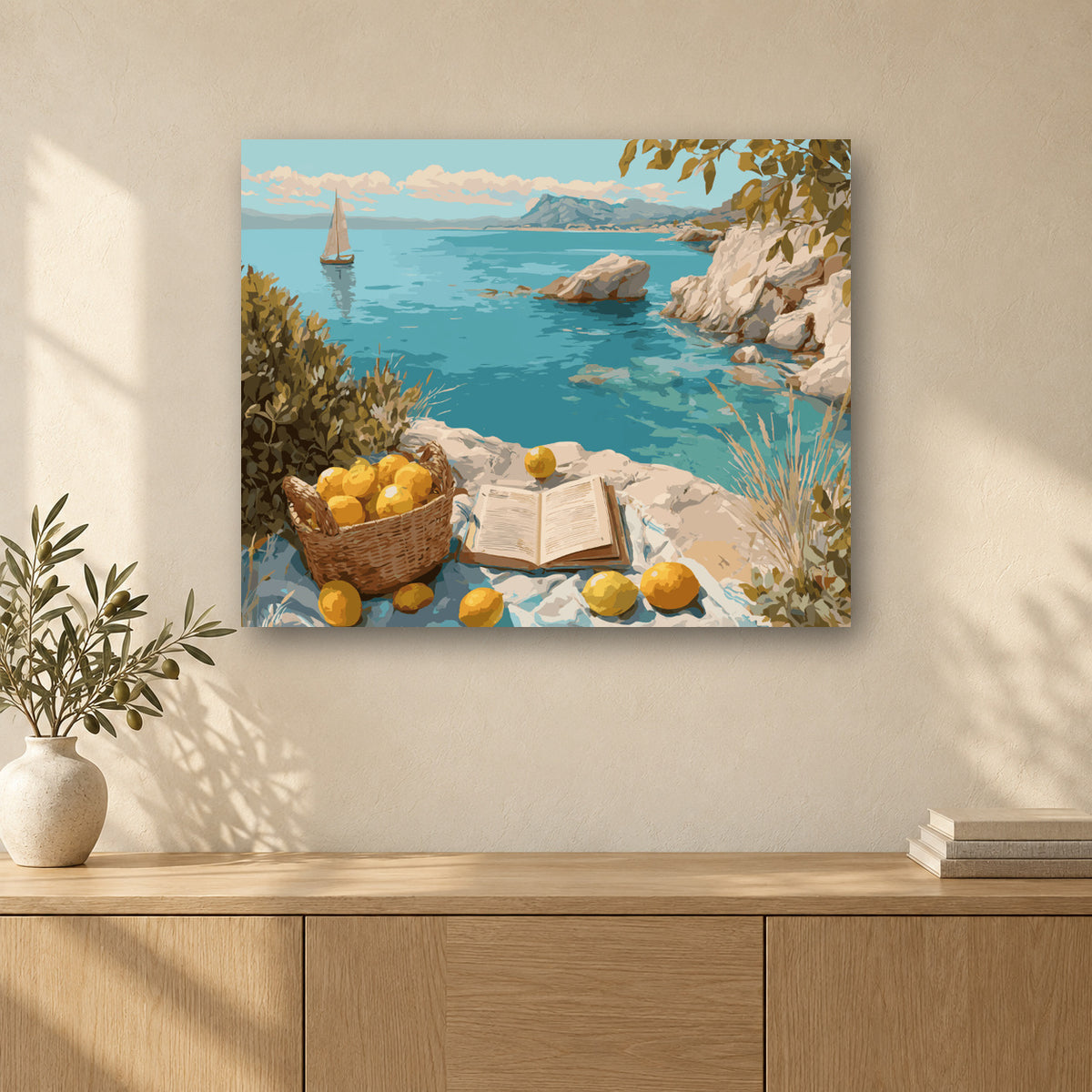 Tableau peinture par numéro Citrons Face à la Crique accroché dans un intérieur décoré, Maison Artsen