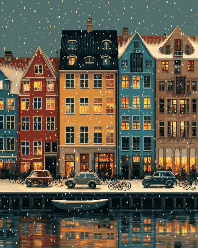 Peinture par numéro adulte Hiver à Copenhague, visuel complet du design sur toile, Maison Artsen