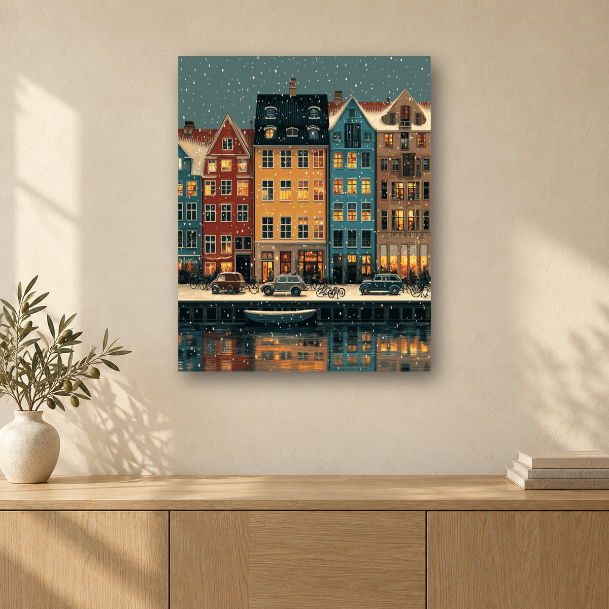 Tableau peinture par numéro Hiver à Copenhague accroché dans un intérieur décoré, Maison Artsen