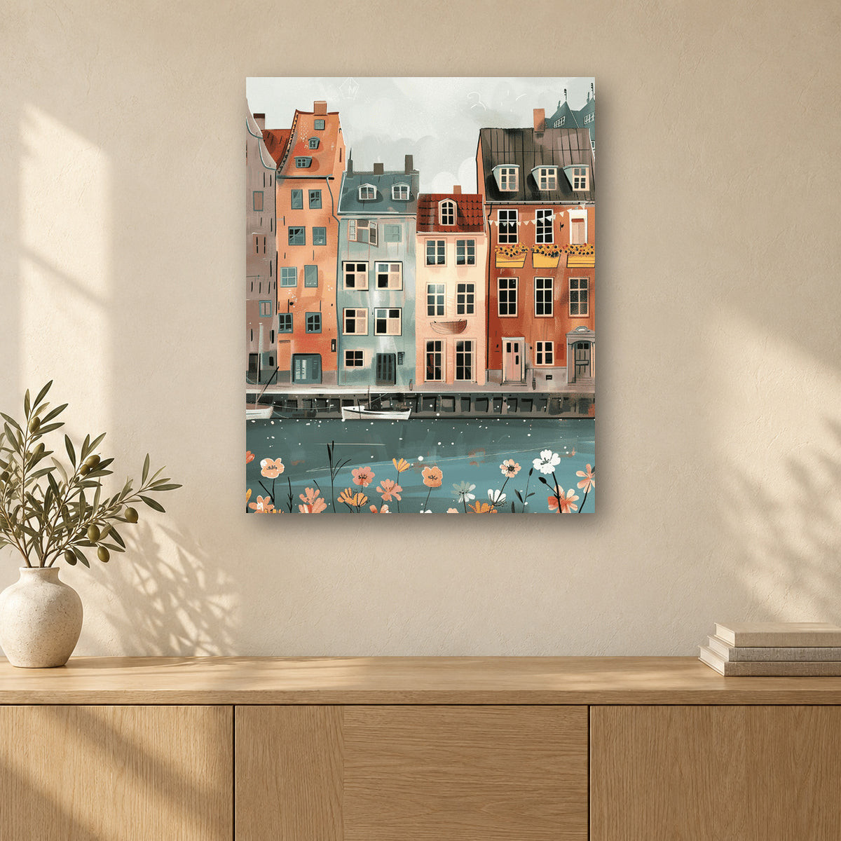 Tableau peinture par numéro Maisons du Canal accroché dans un intérieur décoré, Maison Artsen