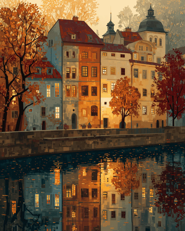 Peinture par numéro adulte Prague en Automne, visuel complet du design sur toile, Maison Artsen