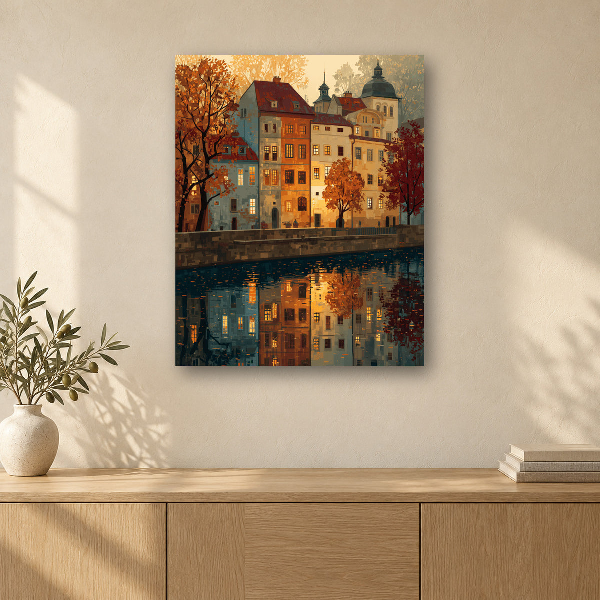 Tableau peinture par numéro Prague en Automne accroché dans un intérieur décoré, Maison Artsen