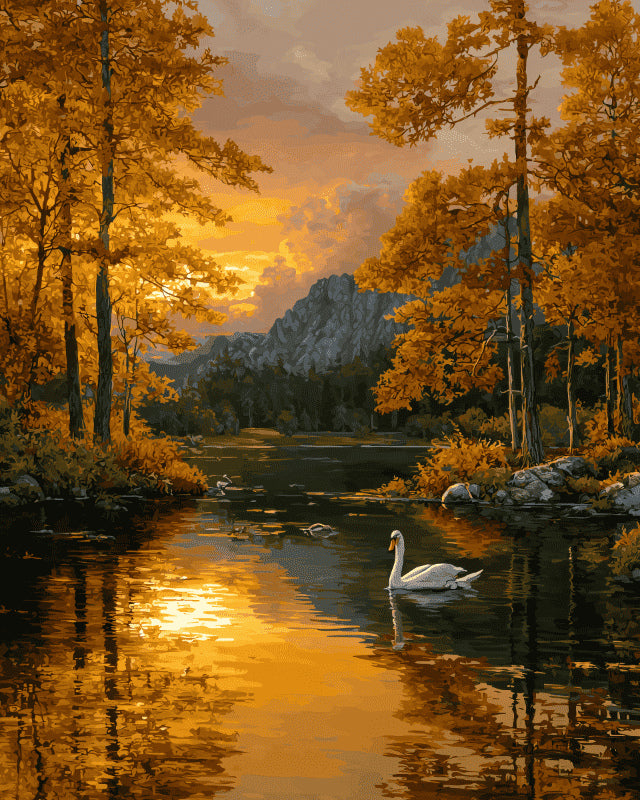 Peinture par numéro adulte Cygne sur la Rivière Dorée, visuel complet du design sur toile, Maison Artsen
