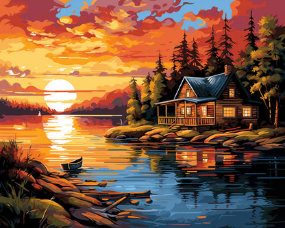Peinture par numéro adulte Cabane au Bord de l’Eau, visuel complet du design sur toile, Maison Artsen