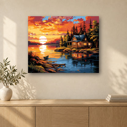Tableau peinture par numéro Cabane au Bord de l’Eau accroché dans un intérieur décoré, Maison Artsen