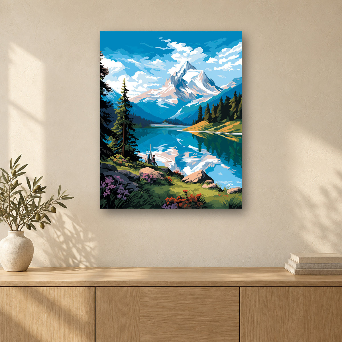 Tableau peinture par numéro Sérénité du Lac accroché dans un intérieur décoré, Maison Artsen