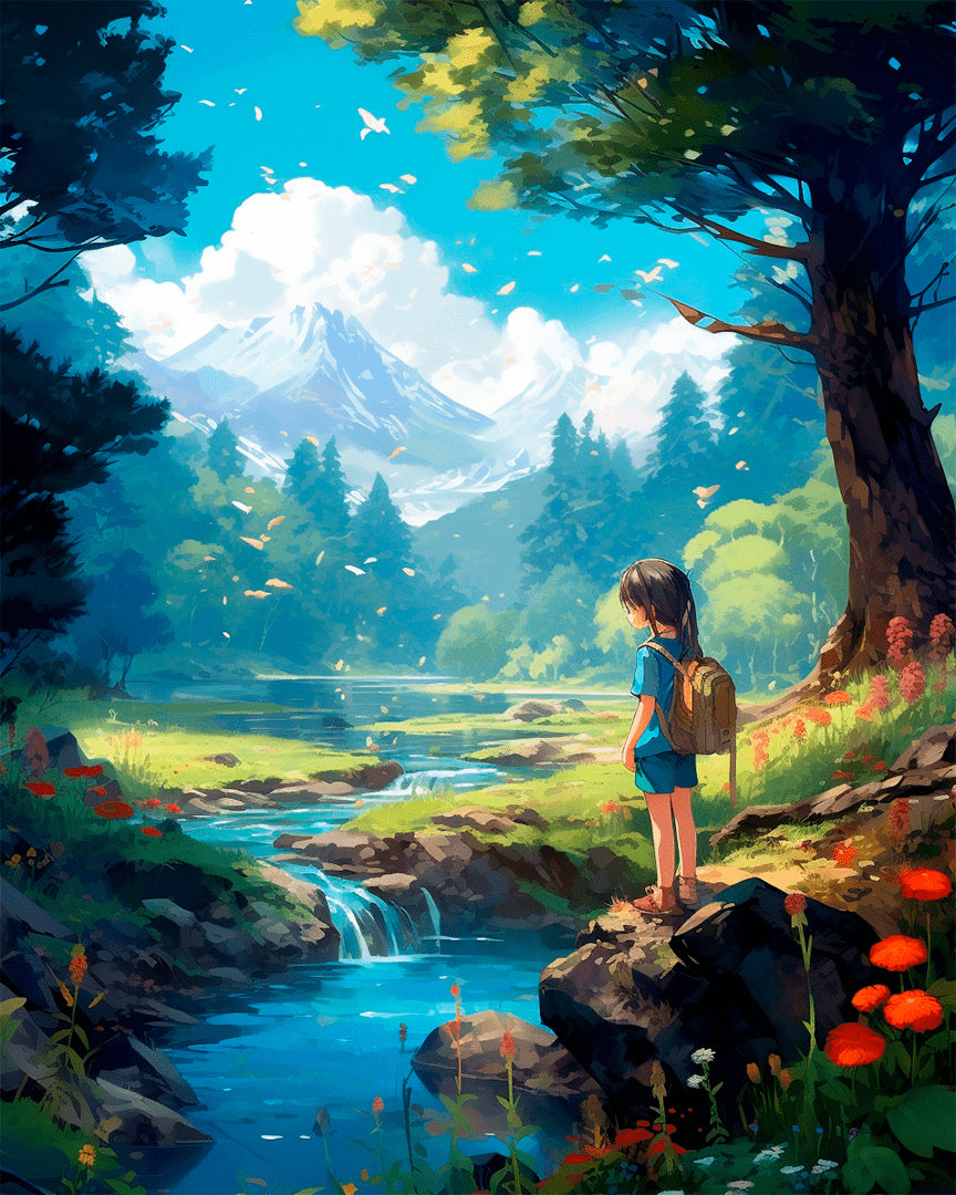 Peinture par numéro adulte Petite Randonneuse au Ruisseau, visuel complet du design sur toile, Maison Artsen