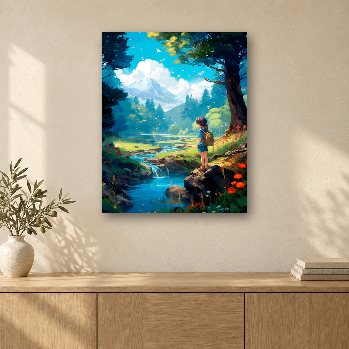 Tableau peinture par numéro Petite Randonneuse au Ruisseau accroché dans un intérieur décoré, Maison Artsen