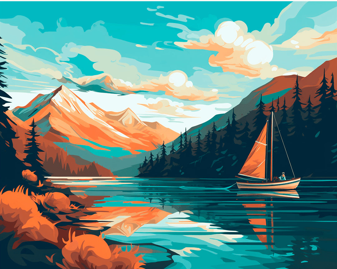 Peinture par numéro adulte Voilier sur le Lac, visuel complet du design sur toile, Maison Artsen