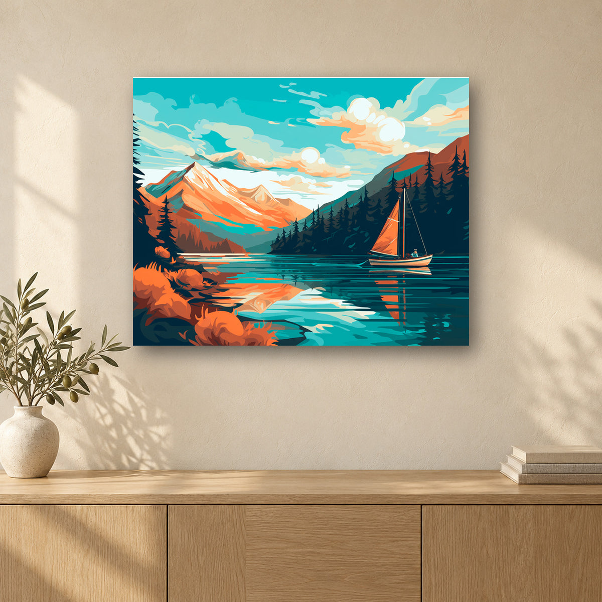 Tableau peinture par numéro Voilier sur le Lac accroché dans un intérieur décoré, Maison Artsen