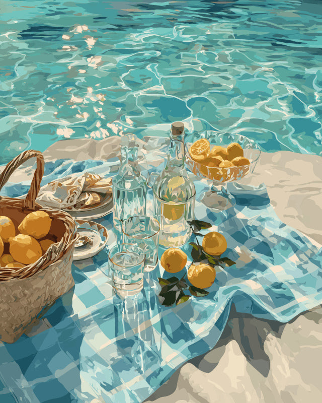 Peinture par numéro adulte Pique-nique aux Citrons, visuel complet du design sur toile, Maison Artsen