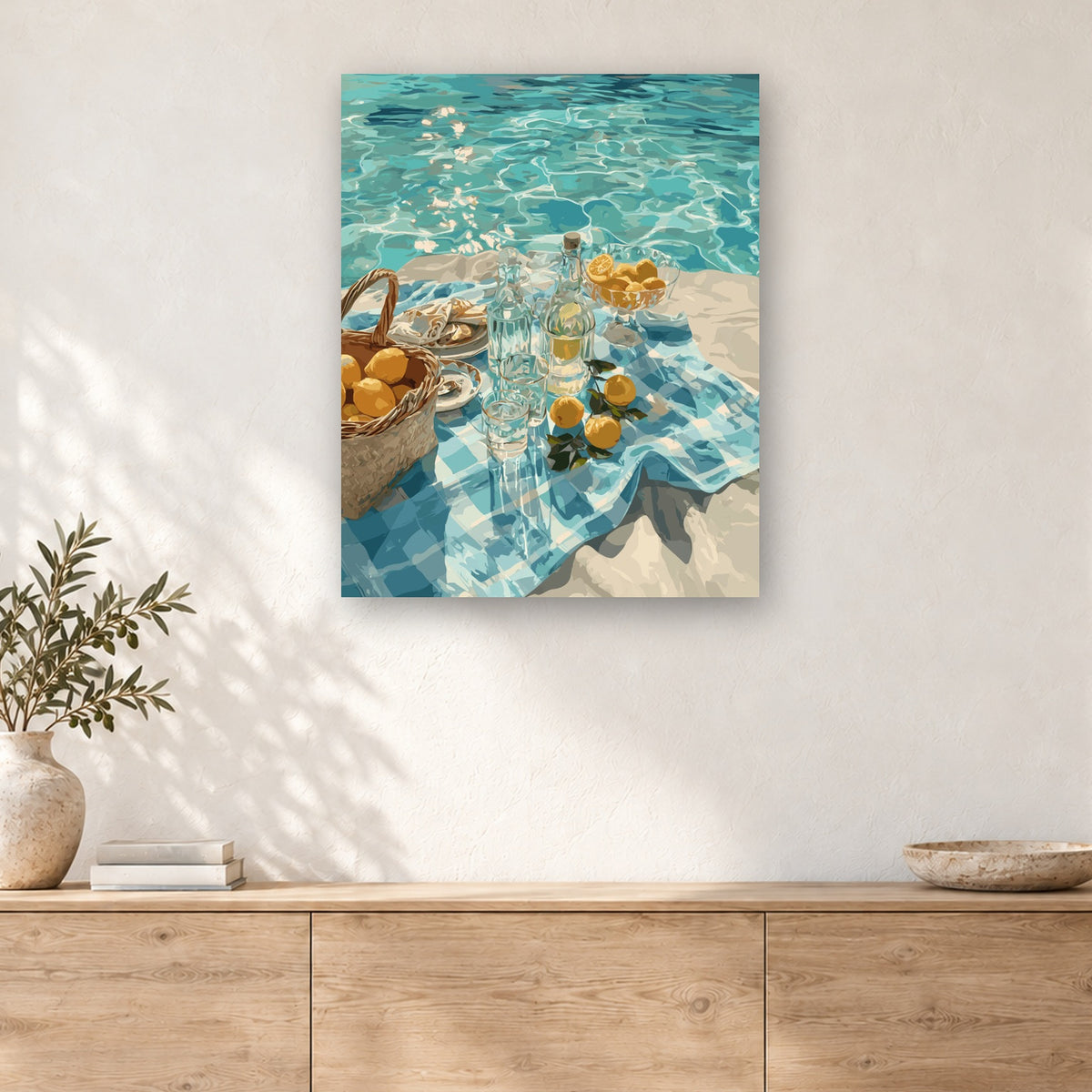 Tableau peinture par numéro Pique-nique aux Citrons accroché dans un intérieur décoré, Maison Artsen